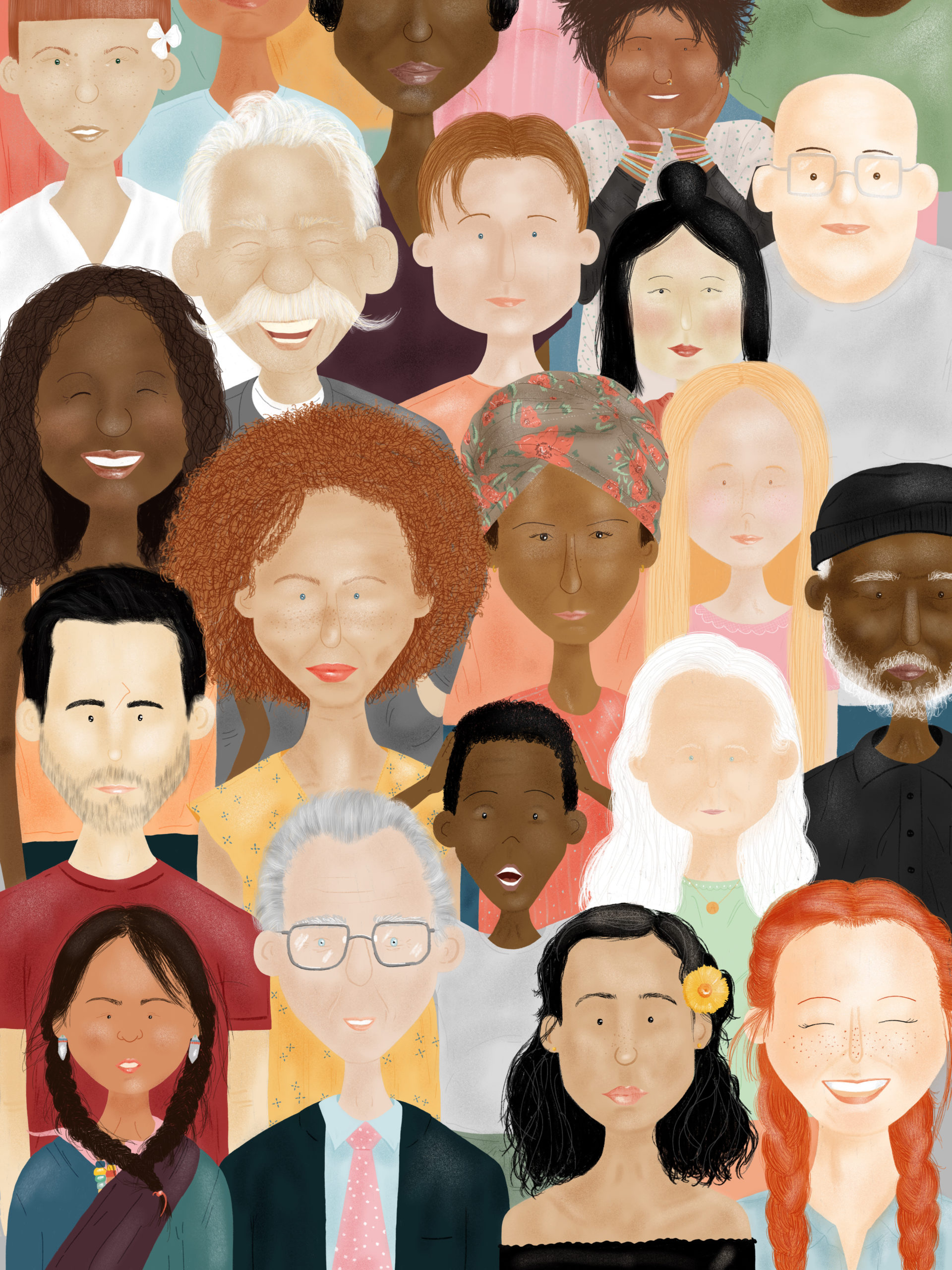 Illustration of people’s faces: men, woman, young and elderly of different races, ethnicities, colors, nations and religions - Social Diversity Concept